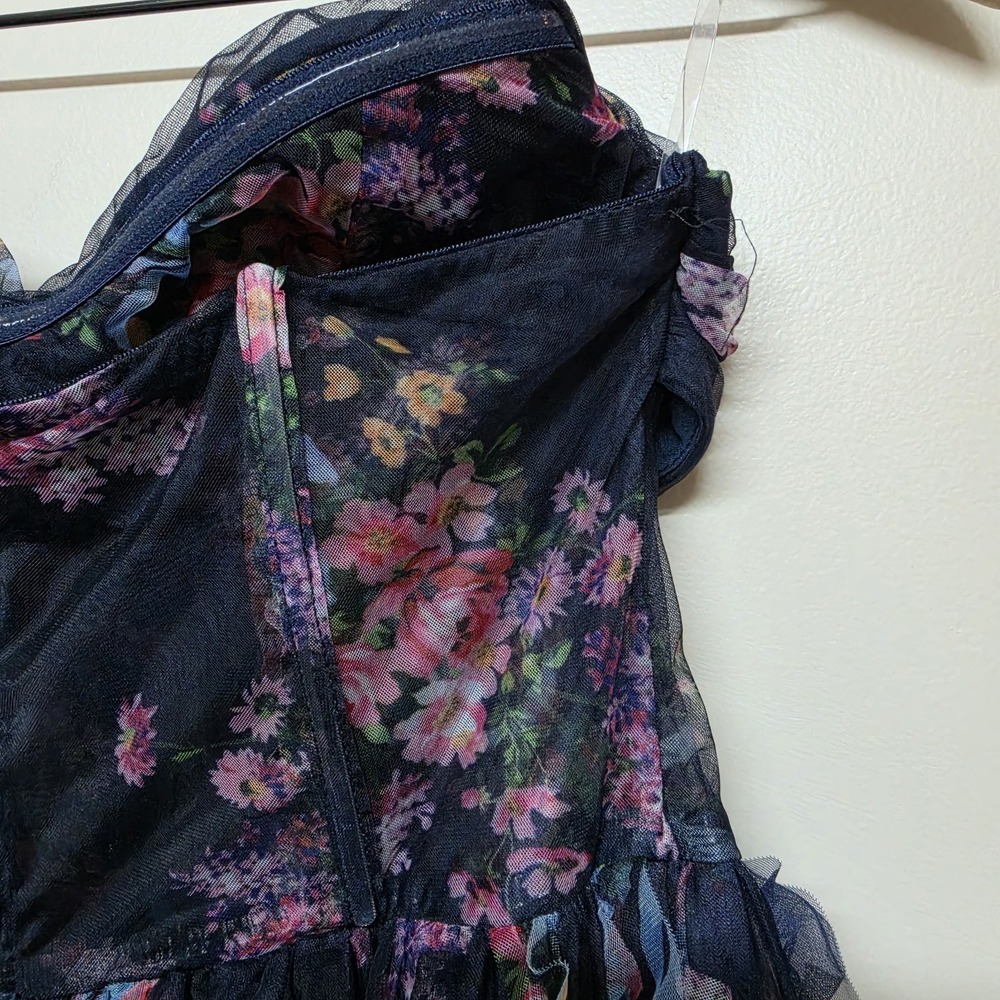 Faeriesty Womens Navy Floral Mesh Ruffled Corset Strapless Maxi Dress Sz L - Picture 7 of 10
